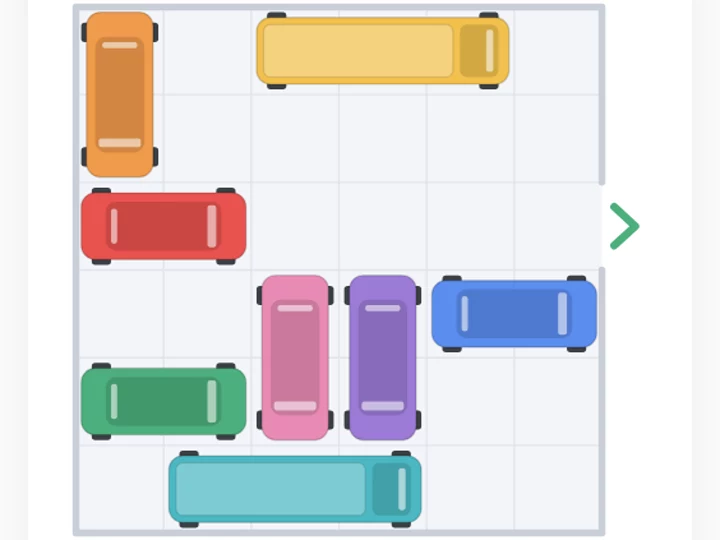 A parking lot grid full of coloured cars and trucks, with the red car one move away from the exit arrow