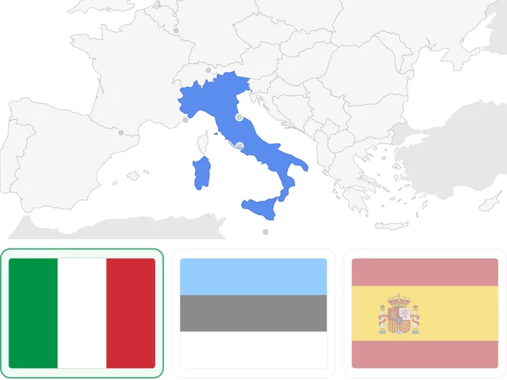A Europe map with Italy highlighted in blue above three flags, the Italian flag marked as correct